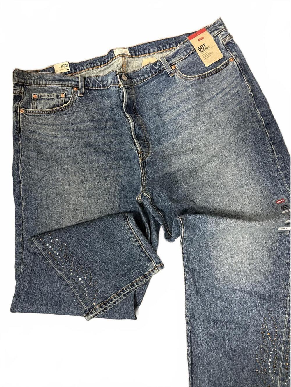 NWT Levi's 501 Original Fit Rhinestone Hem Blue Jeans Size 24W M Bling Straight
